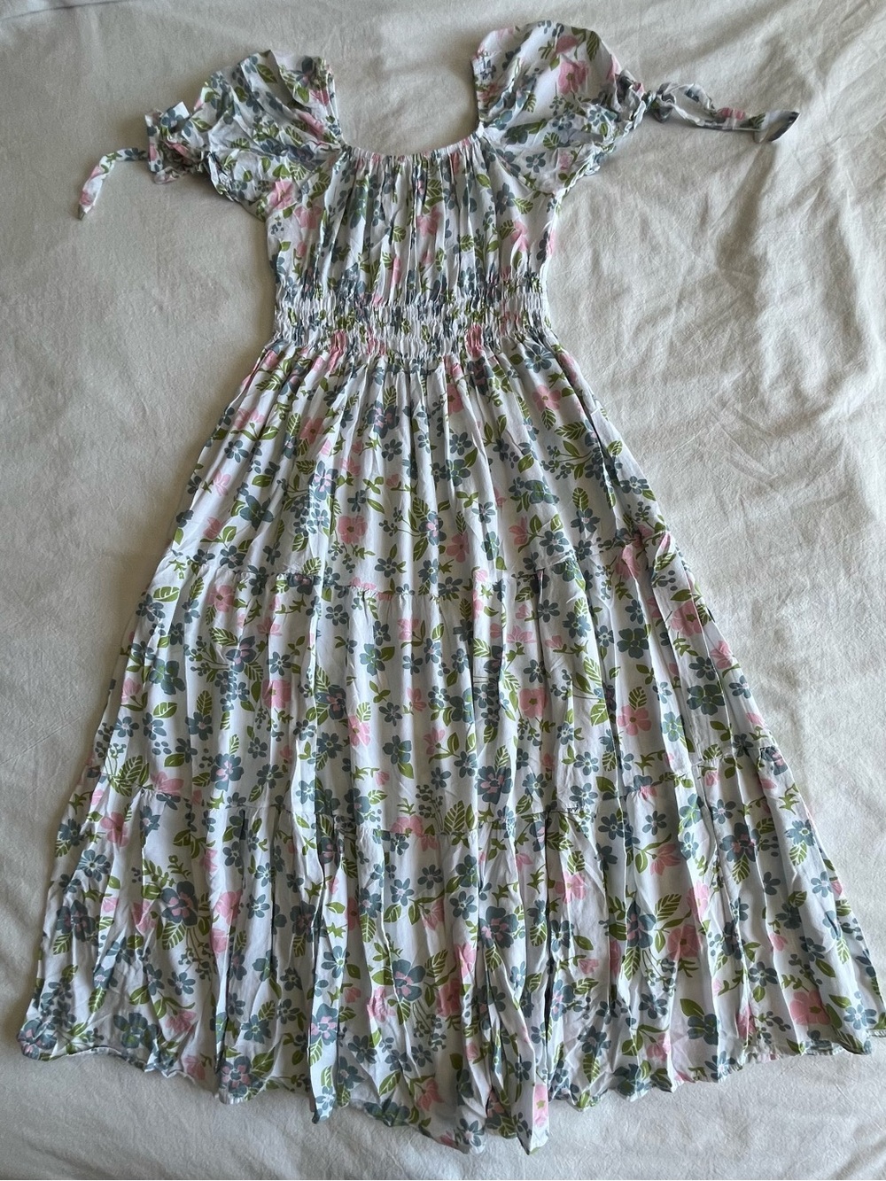 Boho Floral Puff Sleeve Milkmaid Midi Dress Smocked Waist S Romantic Coquette - Picture 12 of 14